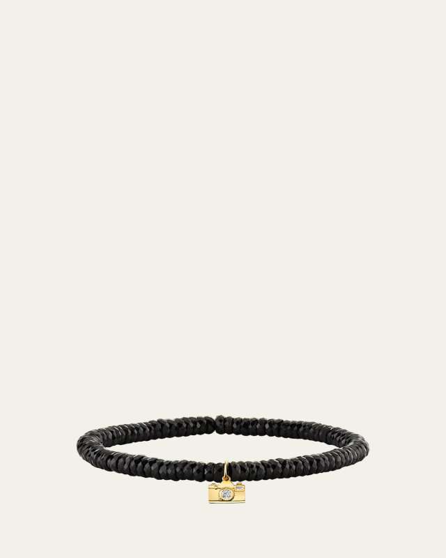 Black Spinel and 14K Gold Camera with Diamonds Charm Bracelet